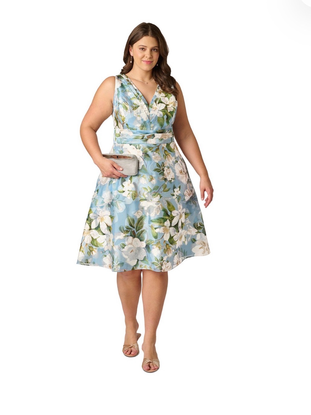 Adrianna Papell Light Blue Floral V-Neck Midi Dress